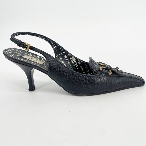 Retro Prada Black Pebbled Leather Fringe Detail Square Toe Slingback Heel IT 37 - Picture 2 of 12